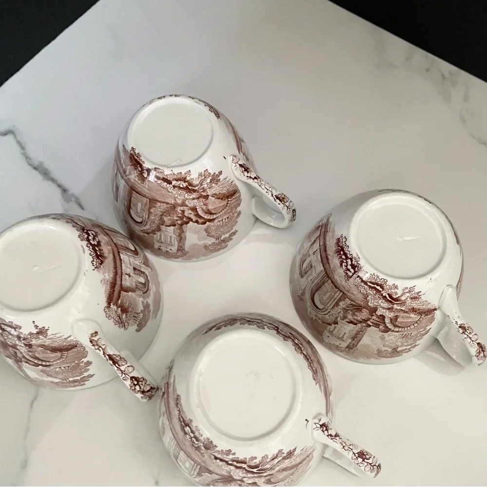 SET of 4 Brown Acora Cups & Saucers - Antique Spode Copeland